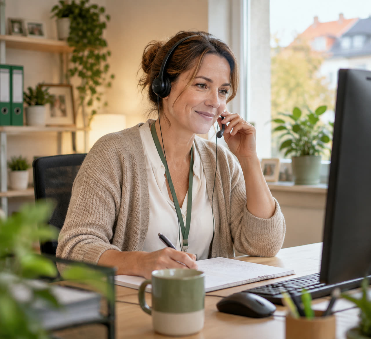 Freundlicher Kontakt am Telefon im Büro der Ruhrpott Pflege